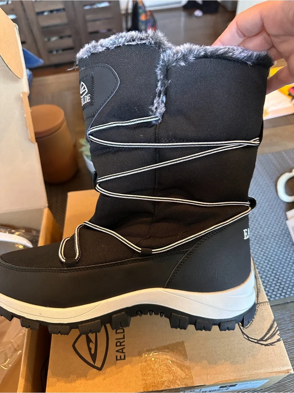 Women's Black Winter Boots with Gray Faux Fur Cuff